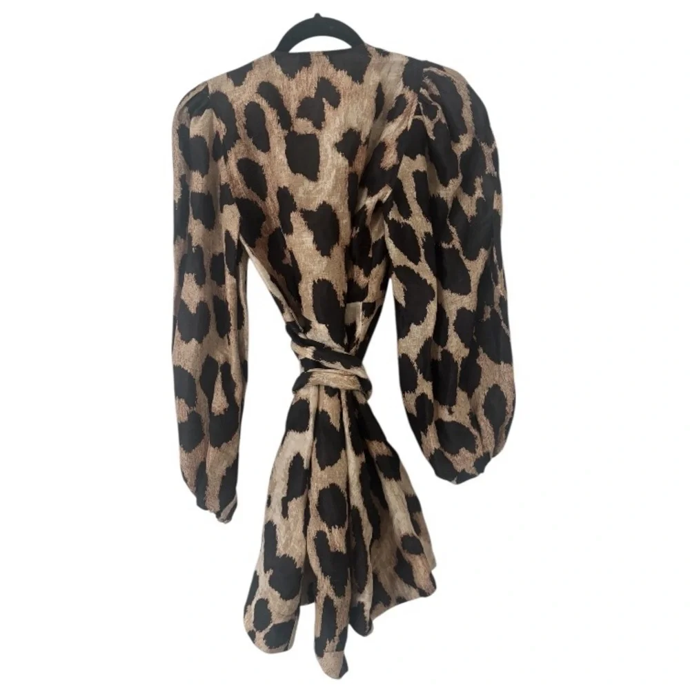 GANNI Leopard Print Silk Linen Mini Wrap Dress - Picture 4 of 4